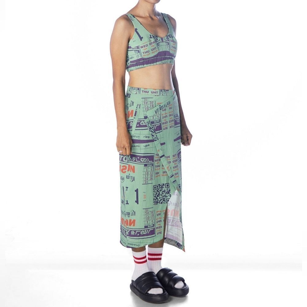 Printed Green Midi Skirt Set - Graphic Print Two-Piece